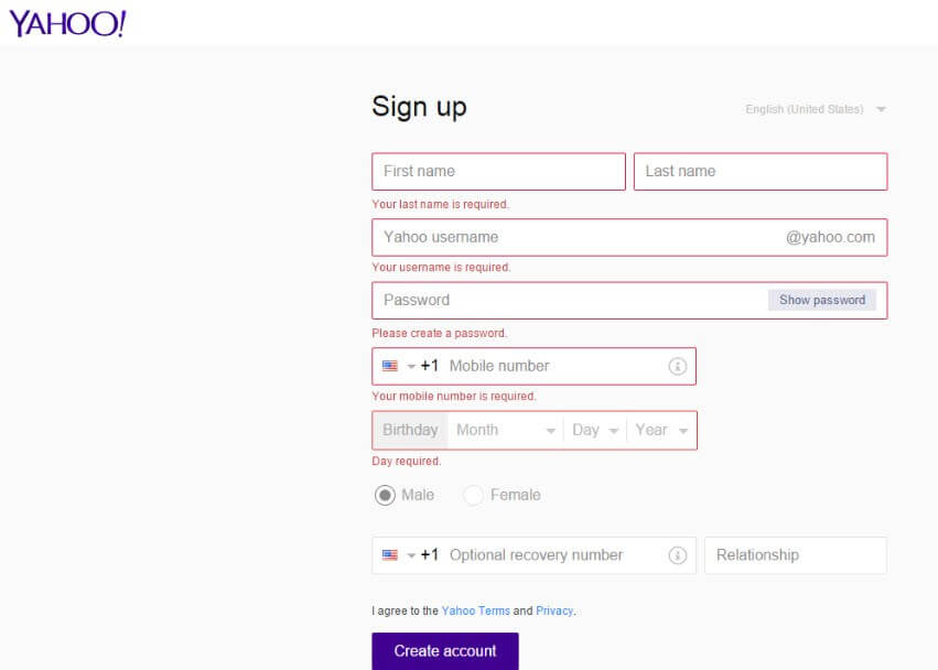 Yahoo Signup Registration Test Cases