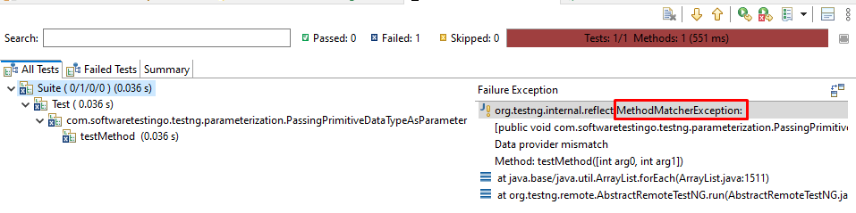 MethodMatcherException TestNG