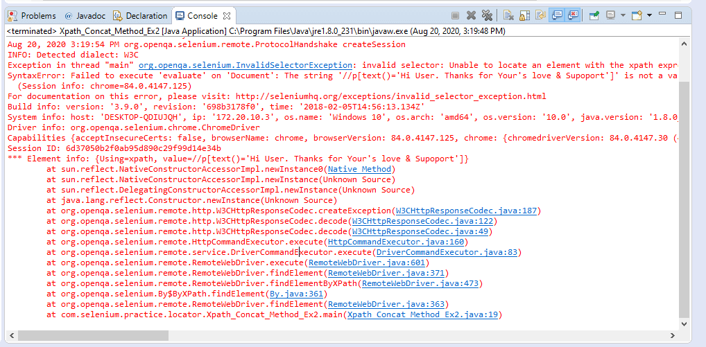 InvalidSelectorException Console Log