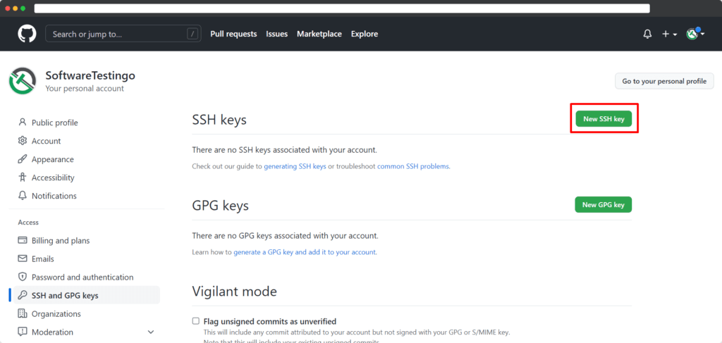 Git GitHub SSH Key On Settings Page