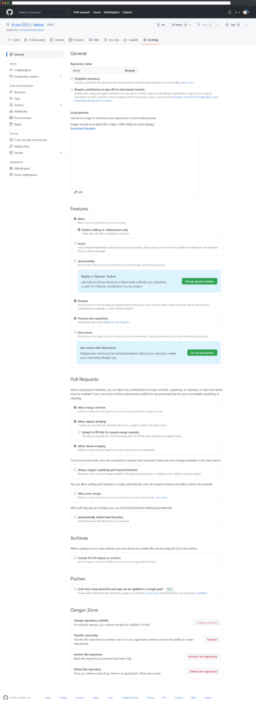 Settings Page Of Git Repo