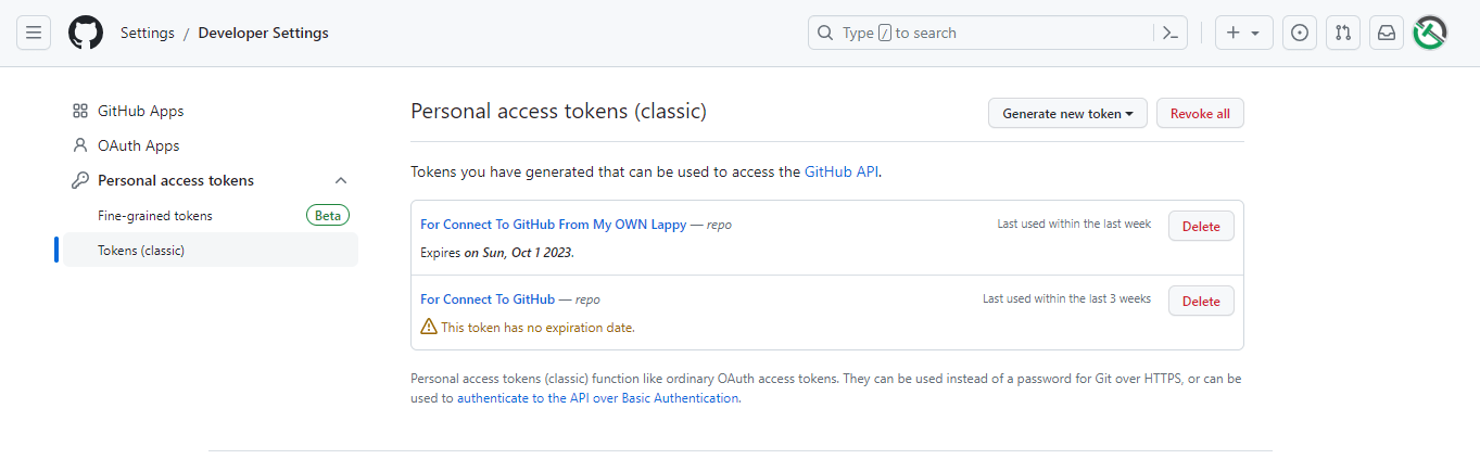 Git Classic Tokens Page